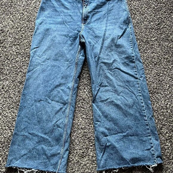 MNG Mango Jeans Womens 14 Blue High-Waisted Wide-Leg Frayed Distressed Denim - Picture 1 of 7